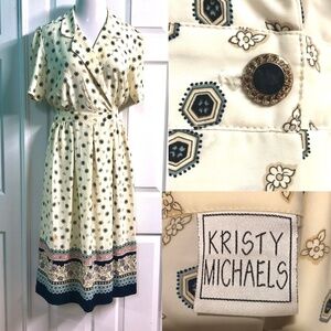 VTG Cream/Navy Summer Preppy Pleated Midi Secretary Day Blousy Shirt Dress Sz 10